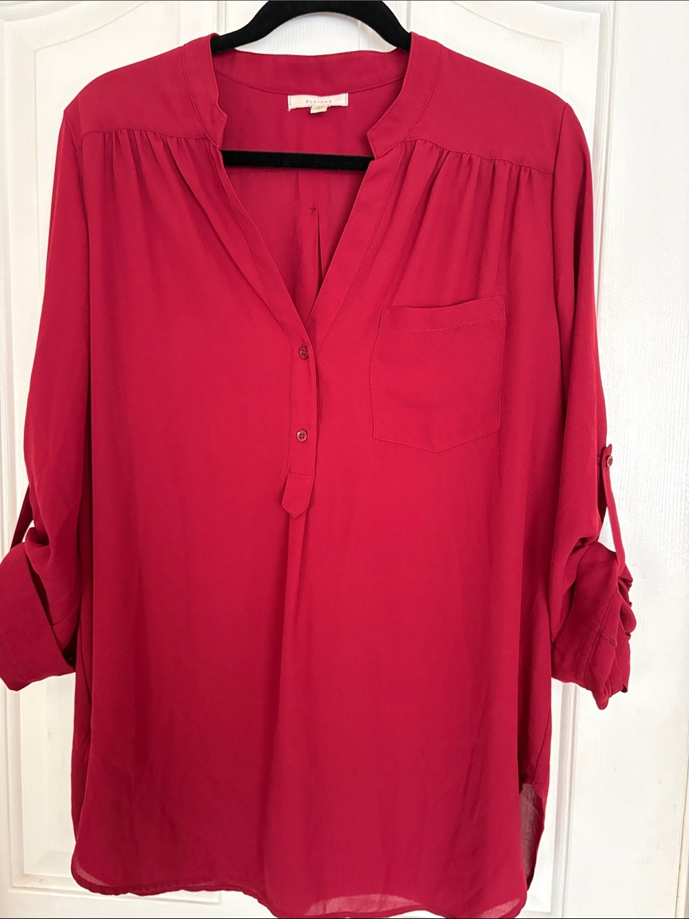 Pleione Red Split-Neck Roll-Tab Blouse